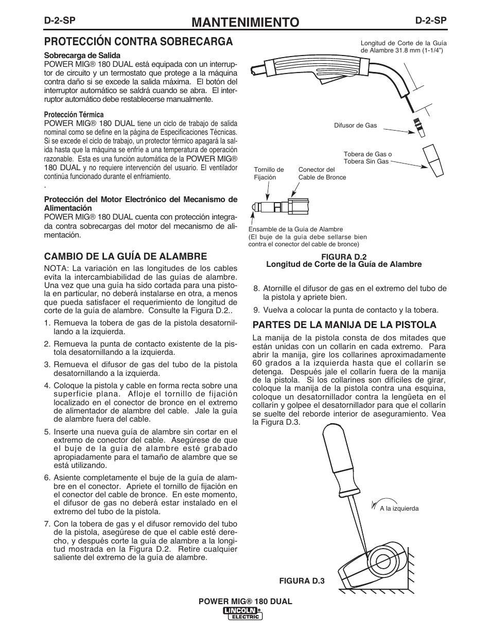 Mantenimiento, Protección contra sobrecarga | Lincoln Electric IMT10089 POWER MIG 180 DUAL User Manual | Page 54 / 92