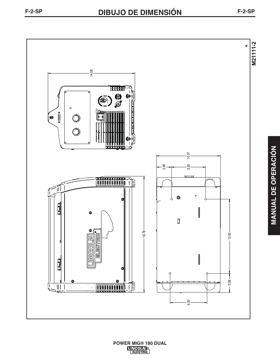 Dibujo de dimensión, Manual de operación, F-2-sp | Lincoln Electric IMT10089 POWER MIG 180 DUAL User Manual | Page 59 / 92