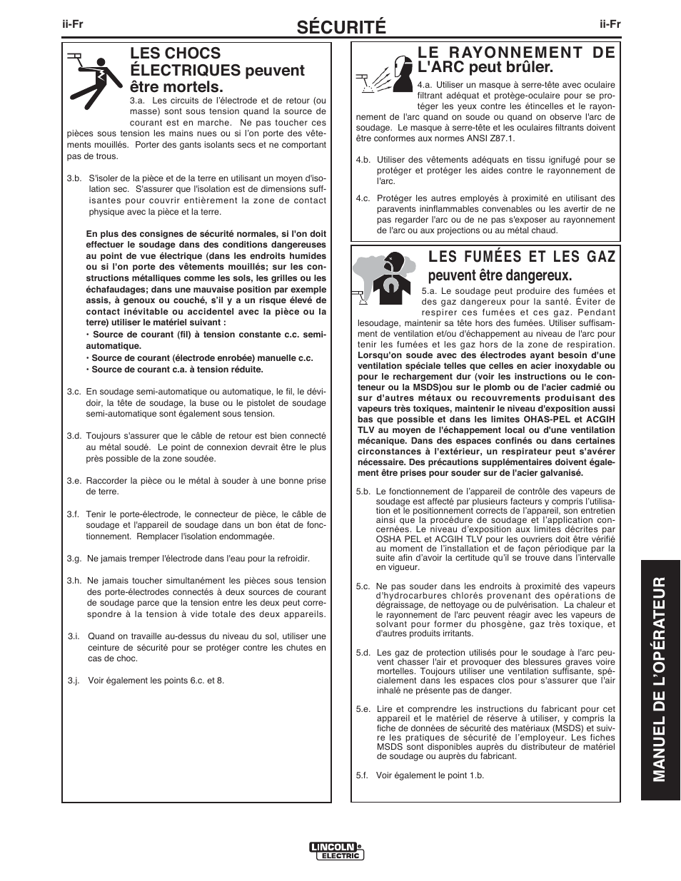 Sécurité, Les chocs électriques peuvent être mortels, Les fumées et les gaz peuvent être dangereux | Lincoln Electric IMT10089 POWER MIG 180 DUAL User Manual | Page 63 / 92