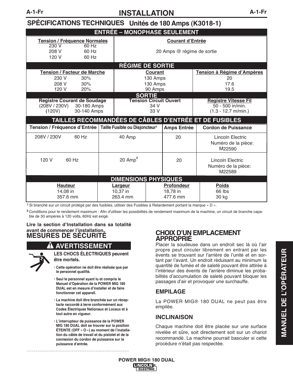 Installation, Mesures de sécurité, Avertissement | Lincoln Electric IMT10089 POWER MIG 180 DUAL User Manual | Page 67 / 92