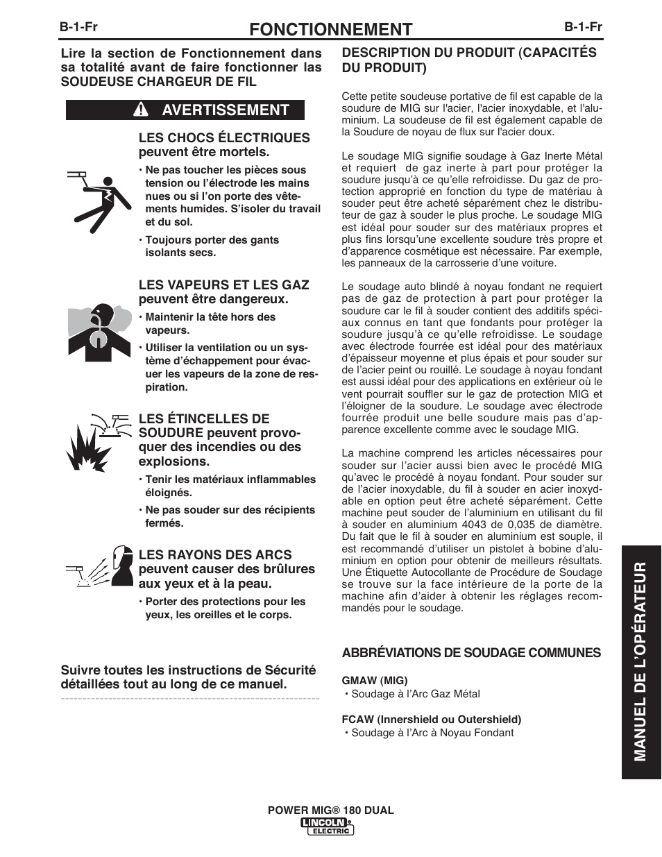 Fonctionnement, Avertissement, Manuel de l ʼopéra teur | Lincoln Electric IMT10089 POWER MIG 180 DUAL User Manual | Page 69 / 92