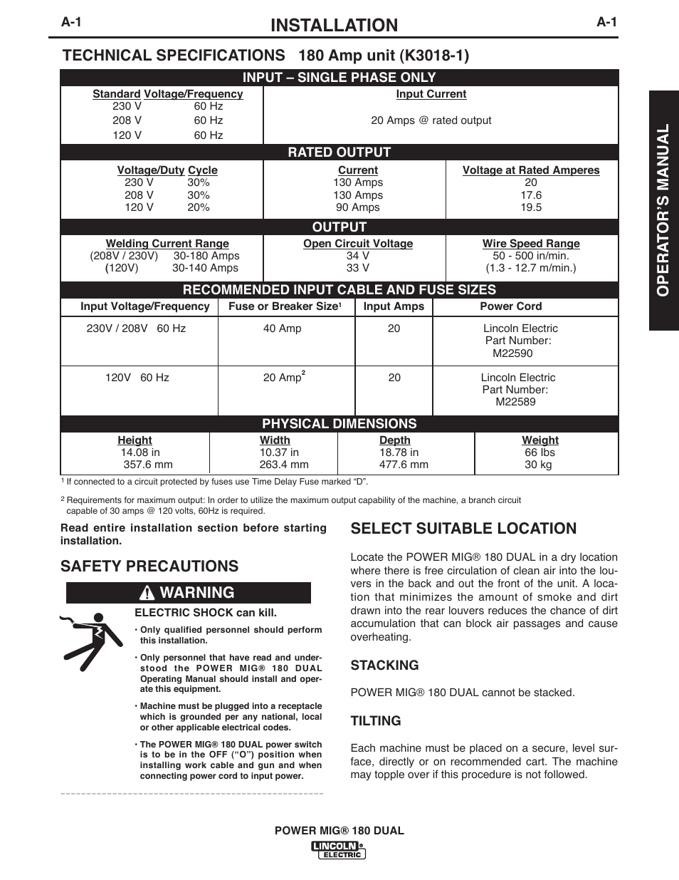 Installation, Select suitable location, Safety precautions | Warning, Opera t orʼs manual | Lincoln Electric IMT10089 POWER MIG 180 DUAL User Manual | Page 7 / 92