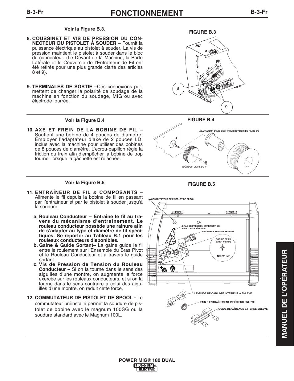 Fonctionnement, Manuel de l ʼopéra teur, B-3-fr | Lincoln Electric IMT10089 POWER MIG 180 DUAL User Manual | Page 71 / 92