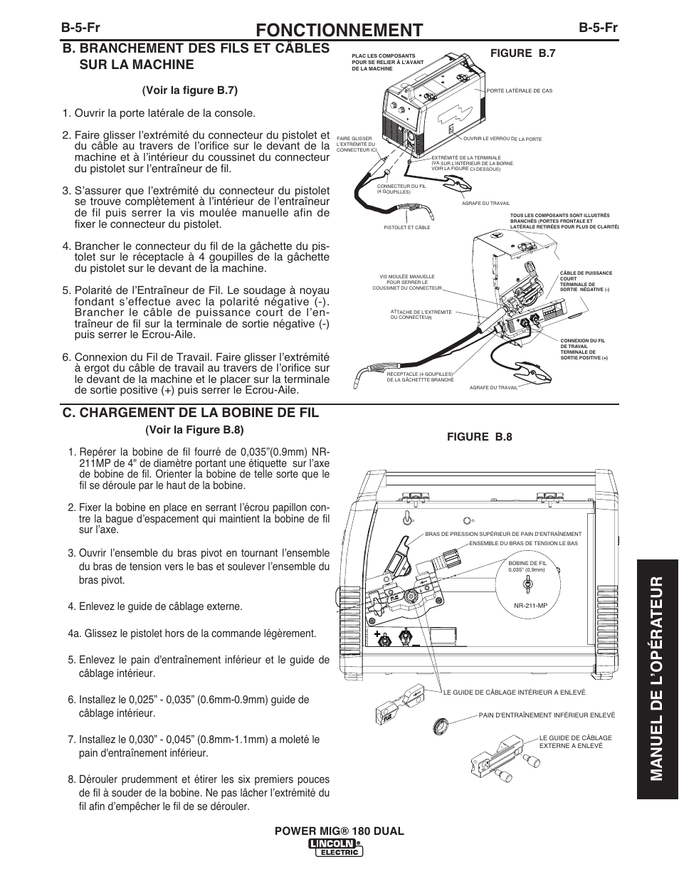 Fonctionnement, Manuel de l ʼopéra teur, B-5-fr | B. branchement des fils et câbles sur la machine, C. chargement de la bobine de fil | Lincoln Electric IMT10089 POWER MIG 180 DUAL User Manual | Page 73 / 92