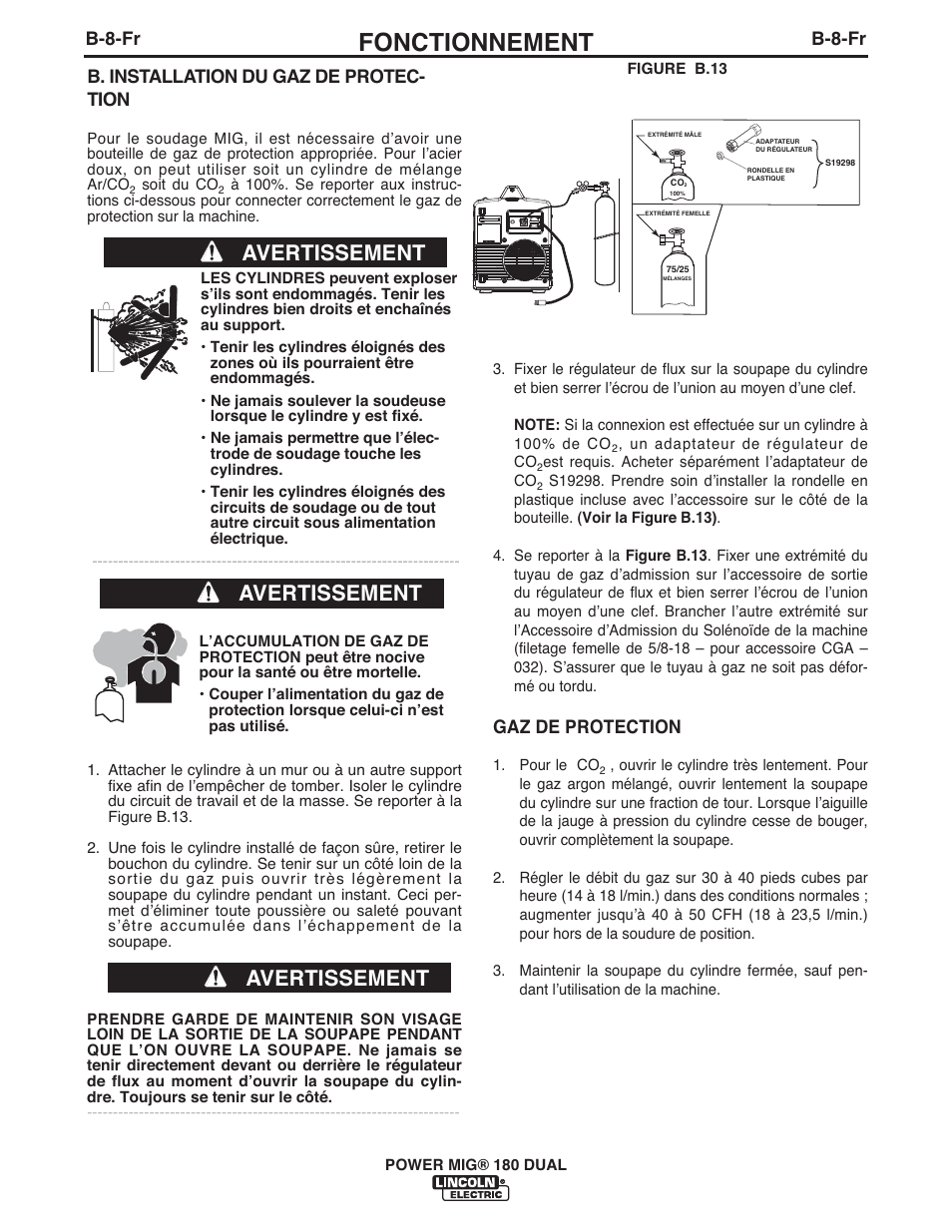 Fonctionnement, Avertissement, B-8-fr | B. installation du gaz de protec- tion, Gaz de protection | Lincoln Electric IMT10089 POWER MIG 180 DUAL User Manual | Page 76 / 92