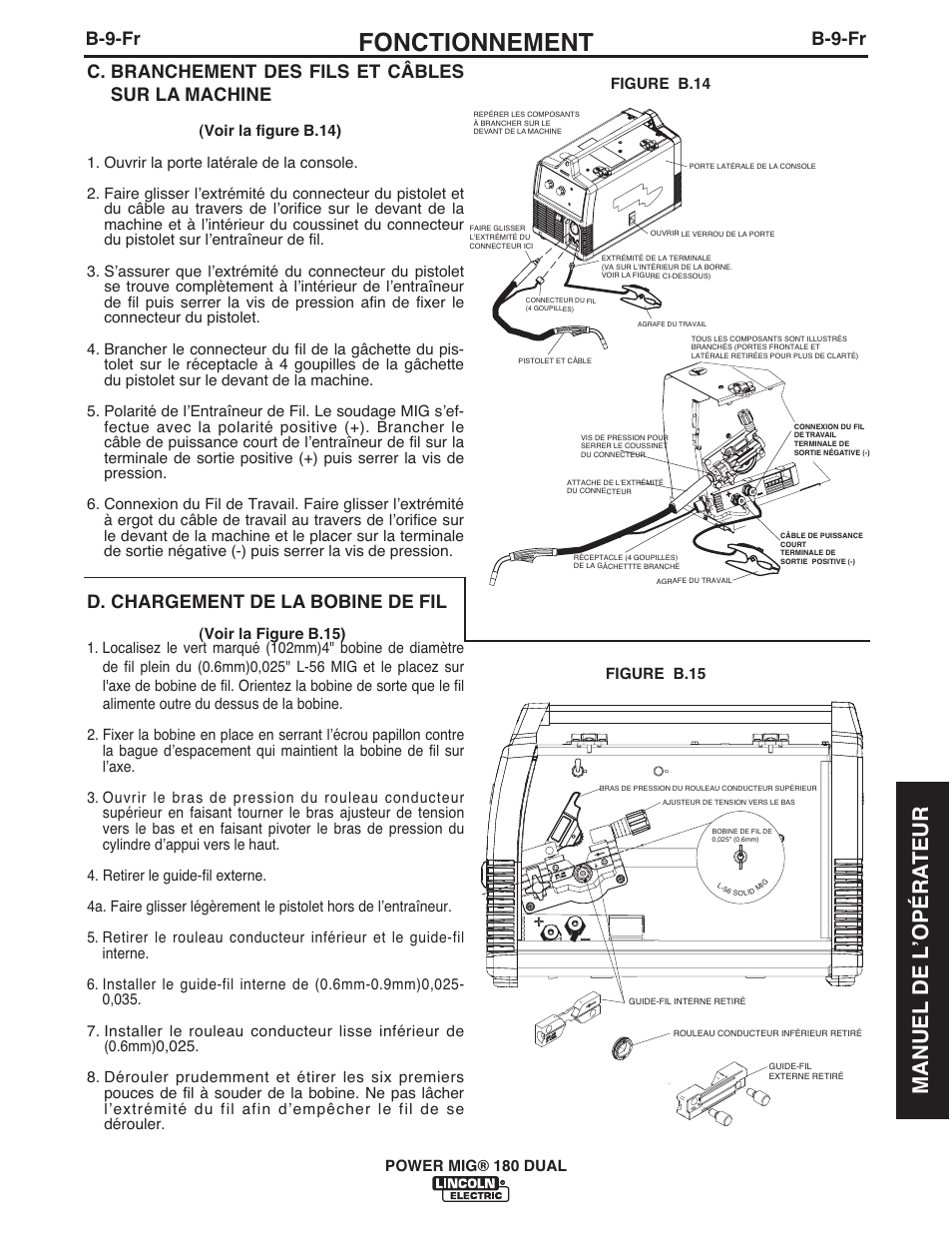 Fonctionnement, Manuel de l ʼopéra teur, B-9-fr | C. branchement des fils et câbles sur la machine, D. chargement de la bobine de fil | Lincoln Electric IMT10089 POWER MIG 180 DUAL User Manual | Page 77 / 92
