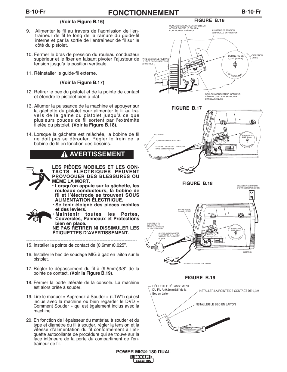 Fonctionnement, Avertissement, B-10-fr | Lincoln Electric IMT10089 POWER MIG 180 DUAL User Manual | Page 78 / 92