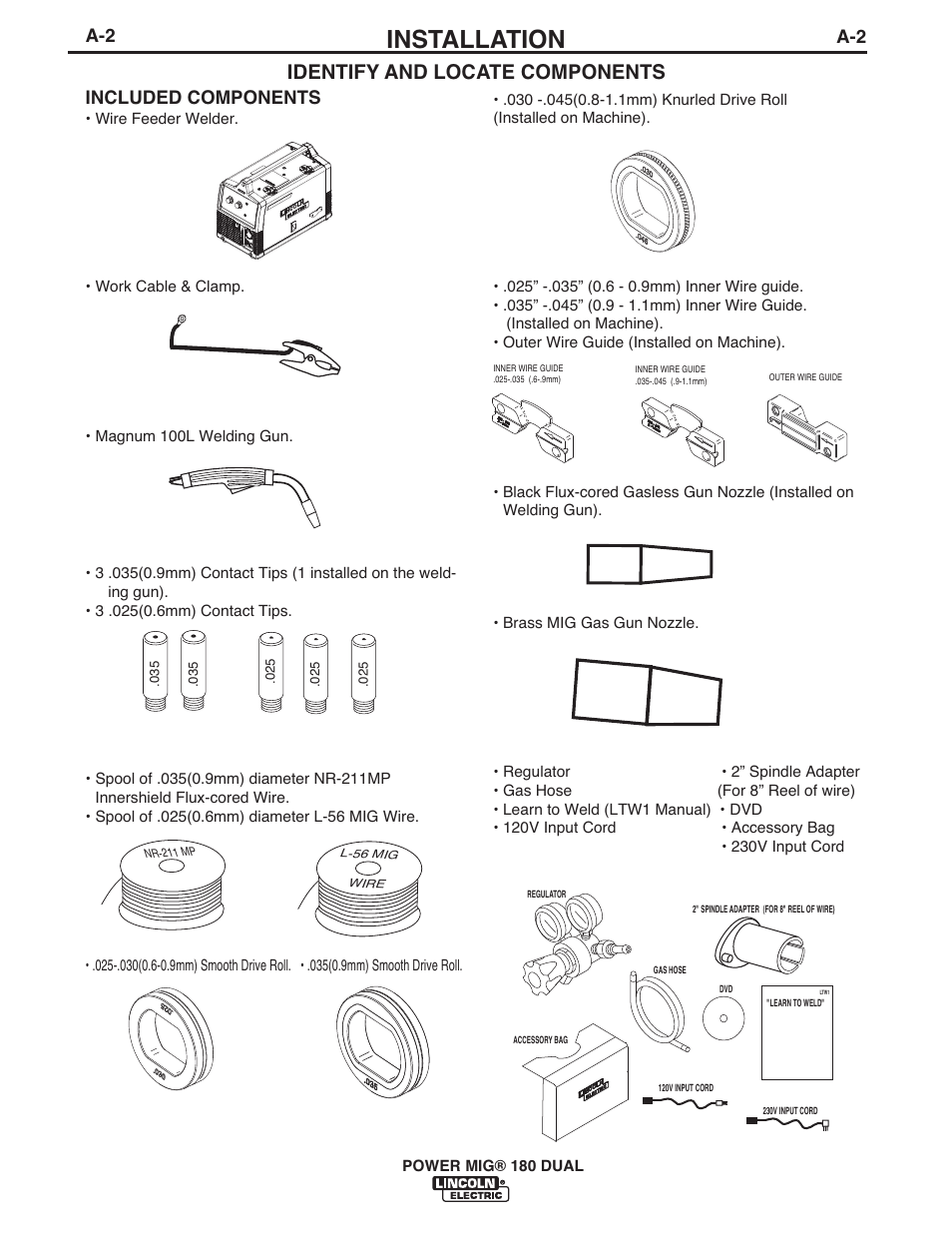 Installation, Identify and locate components, Included components | Lincoln Electric IMT10089 POWER MIG 180 DUAL User Manual | Page 8 / 92