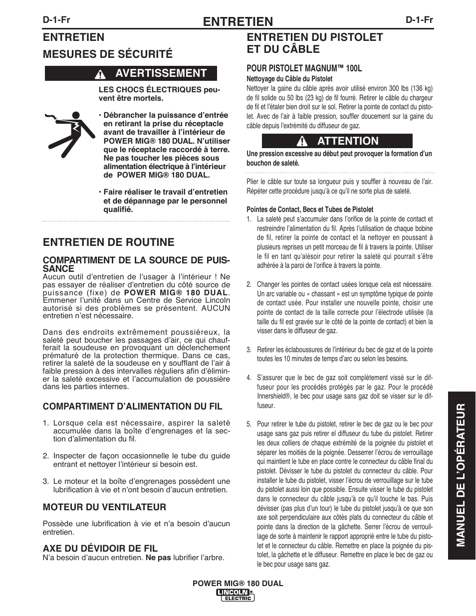 Entretien, Entretien mesures de sécurité, Entretien de routine | Avertissement entretien du pistolet et du câble, Attention manuel de l ʼopéra teur | Lincoln Electric IMT10089 POWER MIG 180 DUAL User Manual | Page 83 / 92