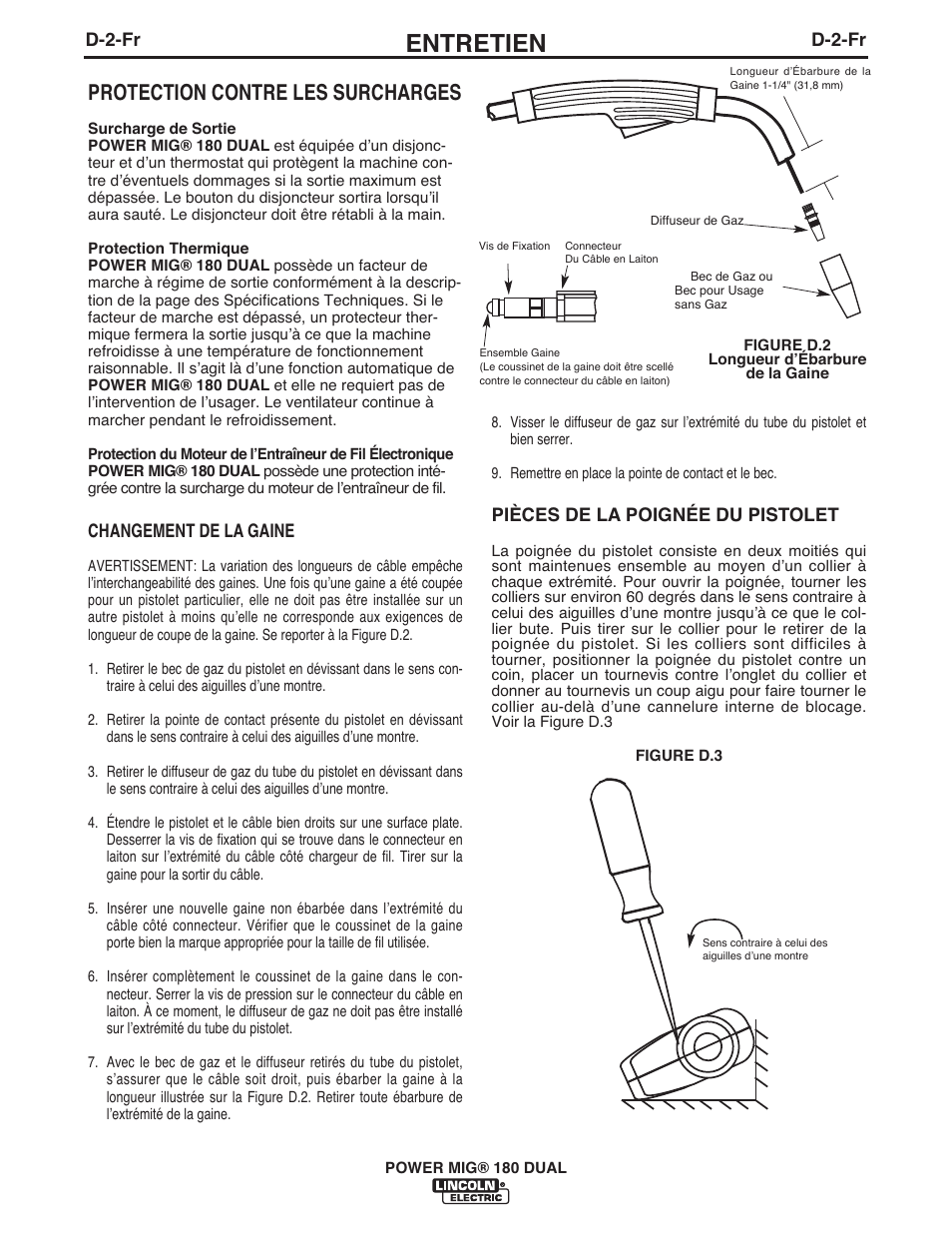 Entretien, Protection contre les surcharges | Lincoln Electric IMT10089 POWER MIG 180 DUAL User Manual | Page 84 / 92