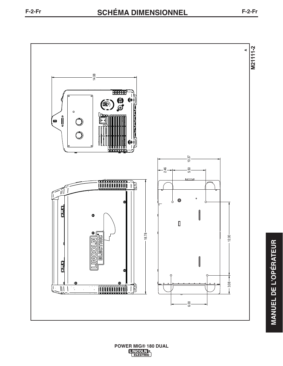 Schéma dimensionnel, Manuel de l ʼopéra teur, F-2-fr | Lincoln Electric IMT10089 POWER MIG 180 DUAL User Manual | Page 89 / 92