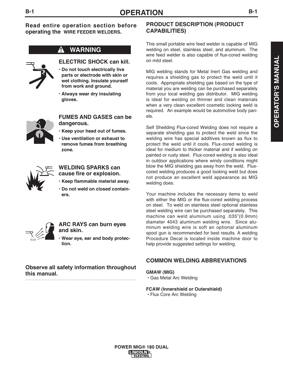 Operation, Opera t orʼs manual, Warning | Lincoln Electric IMT10089 POWER MIG 180 DUAL User Manual | Page 9 / 92
