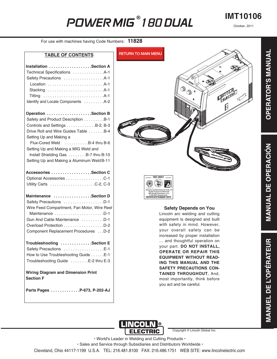 Lincoln Electric IMT10106 POWER MIG 180 DUAL User Manual | 92 pages