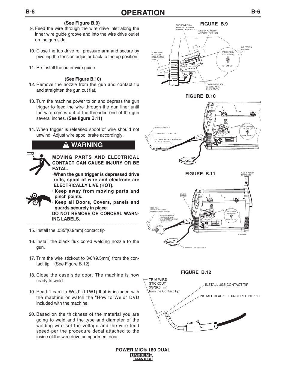 Operation, Warning | Lincoln Electric IMT10106 POWER MIG 180 DUAL User Manual | Page 14 / 92