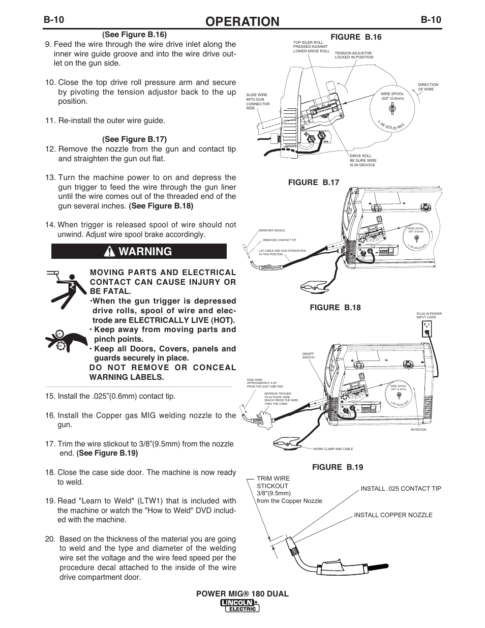 Operation, Warning, B-10 | Lincoln Electric IMT10106 POWER MIG 180 DUAL User Manual | Page 18 / 92