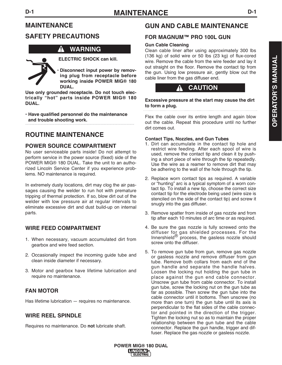 Maintenance, Maintenance safety precautions, Routine maintenance | Warning gun and cable maintenance, Caution opera t orʼs manual | Lincoln Electric IMT10106 POWER MIG 180 DUAL User Manual | Page 23 / 92
