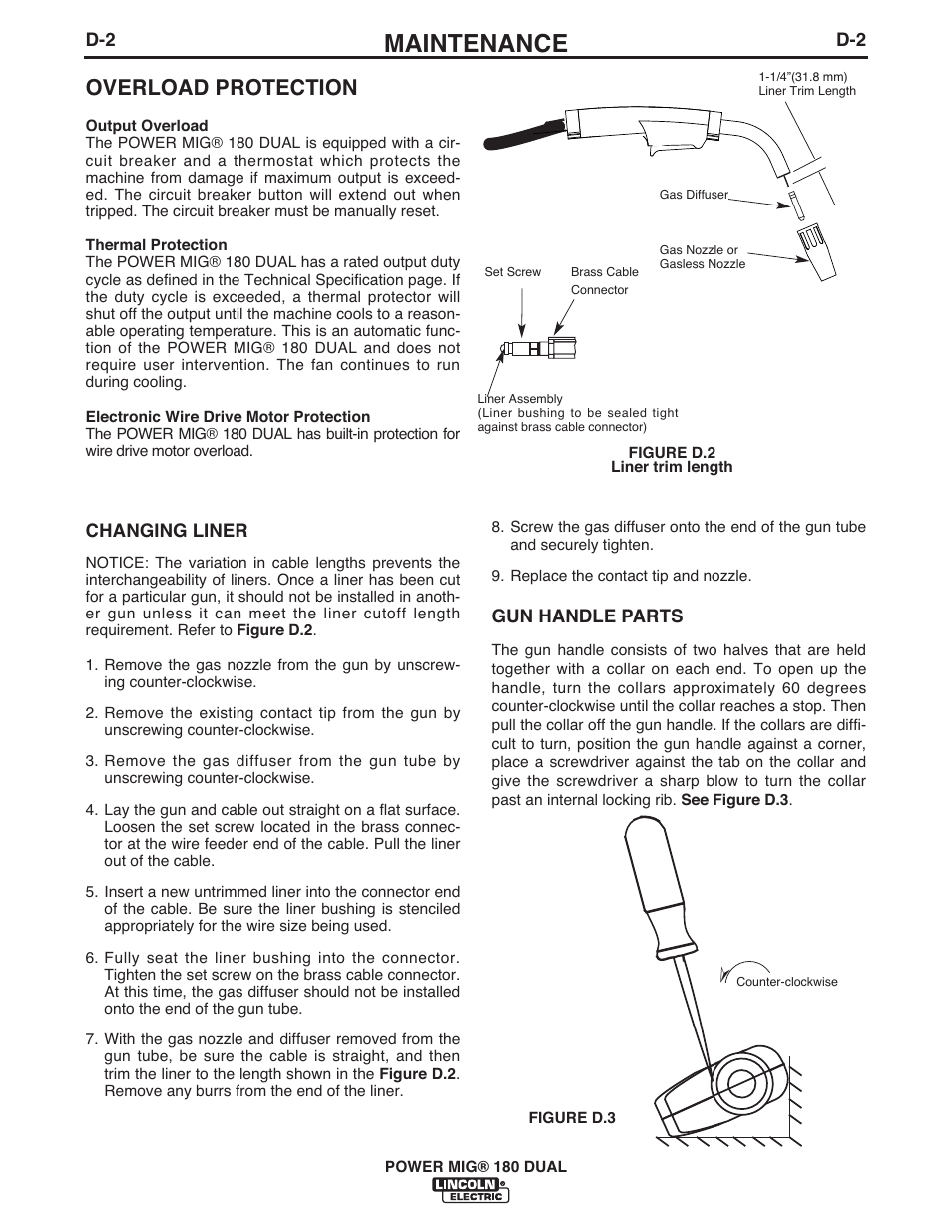 Maintenance, Overload protection | Lincoln Electric IMT10106 POWER MIG 180 DUAL User Manual | Page 24 / 92