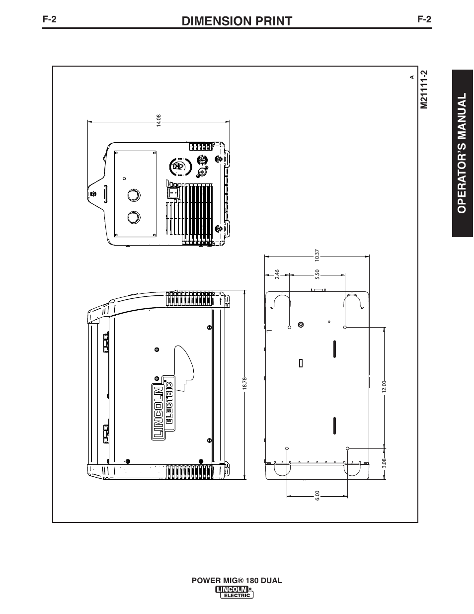 Dimension print, Opera t orʼs manual | Lincoln Electric IMT10106 POWER MIG 180 DUAL User Manual | Page 29 / 92