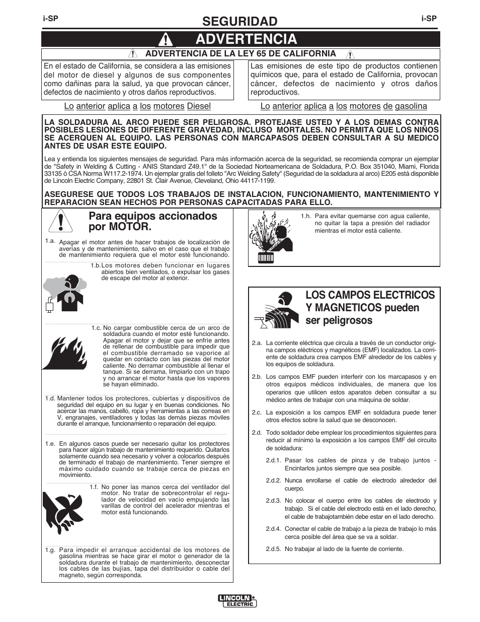 Advertencia, Seguridad, Para equipos accionados por motor | Lincoln Electric IMT10106 POWER MIG 180 DUAL User Manual | Page 32 / 92