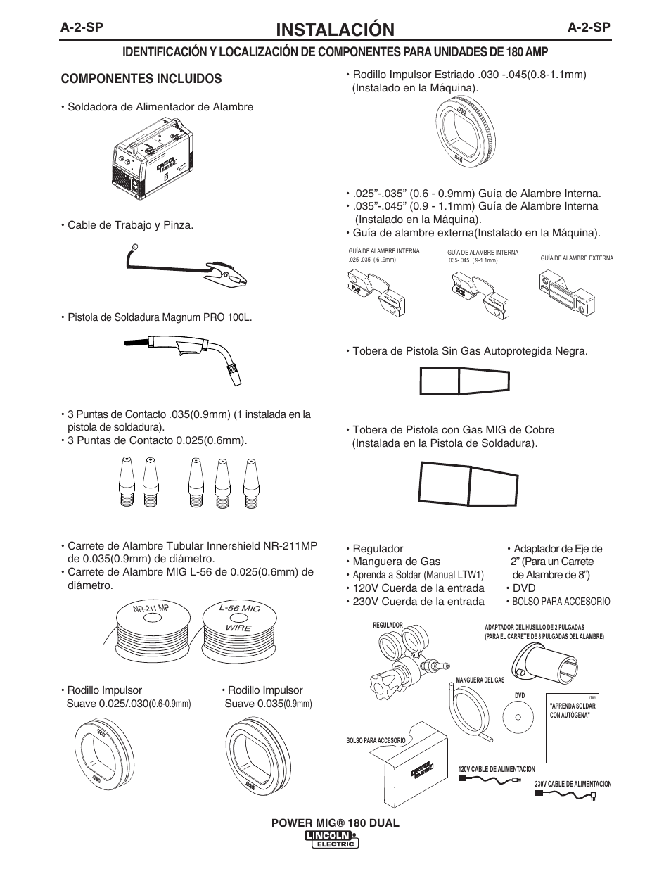 Instalación, A-2-sp, A-2-sp componentes incluidos | Lincoln Electric IMT10106 POWER MIG 180 DUAL User Manual | Page 38 / 92