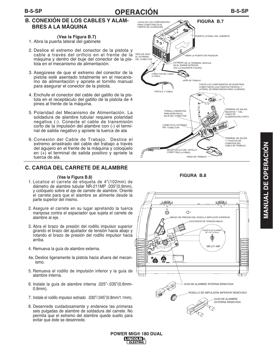 Operación, Manual de operación, B-5-sp | C. carga del carrete de alambre | Lincoln Electric IMT10106 POWER MIG 180 DUAL User Manual | Page 43 / 92