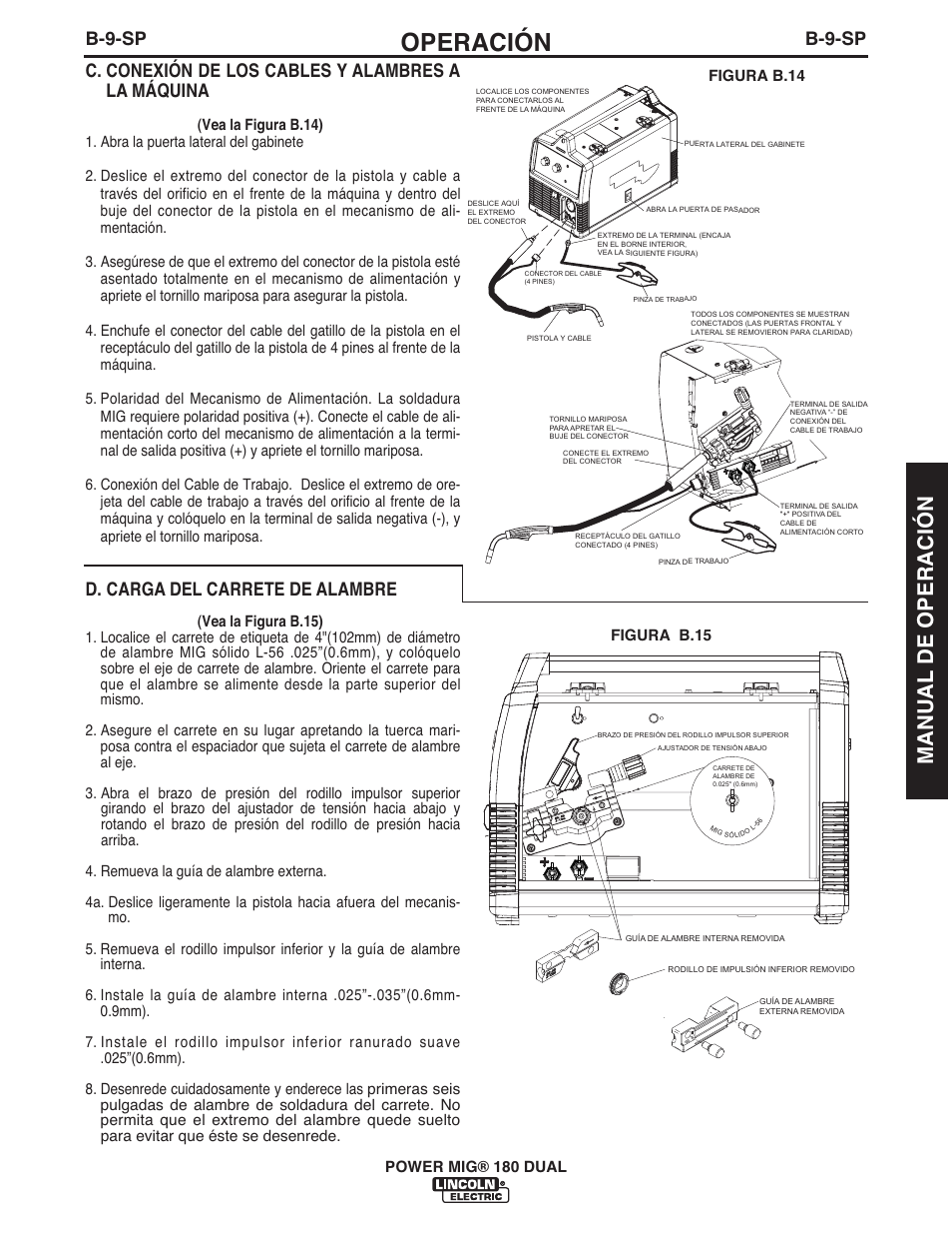 Operación, Manual de operación, B-9-sp | C. conexión de los cables y alambres a la máquina, D. carga del carrete de alambre | Lincoln Electric IMT10106 POWER MIG 180 DUAL User Manual | Page 47 / 92