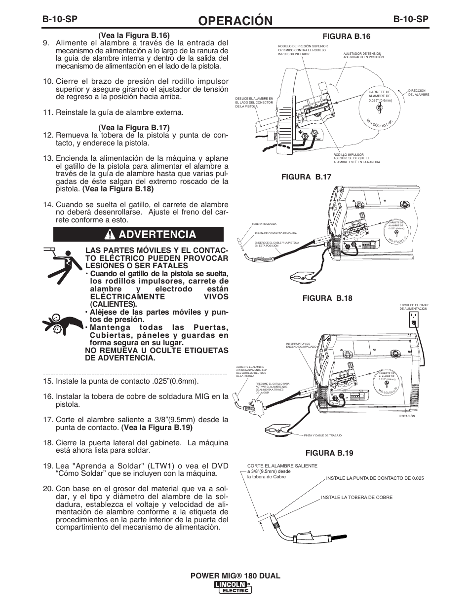 Operación, Advertencia, B-10-sp | Power mig® 180 dual | Lincoln Electric IMT10106 POWER MIG 180 DUAL User Manual | Page 48 / 92