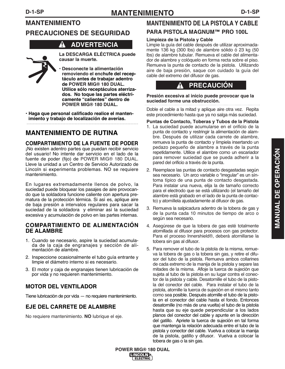 Mantenimiento, Mantenimiento precauciones de seguridad, Mantenimiento de rutina | Advertencia mantenimiento de la pistola y cable, Precaución manual de operación | Lincoln Electric IMT10106 POWER MIG 180 DUAL User Manual | Page 53 / 92