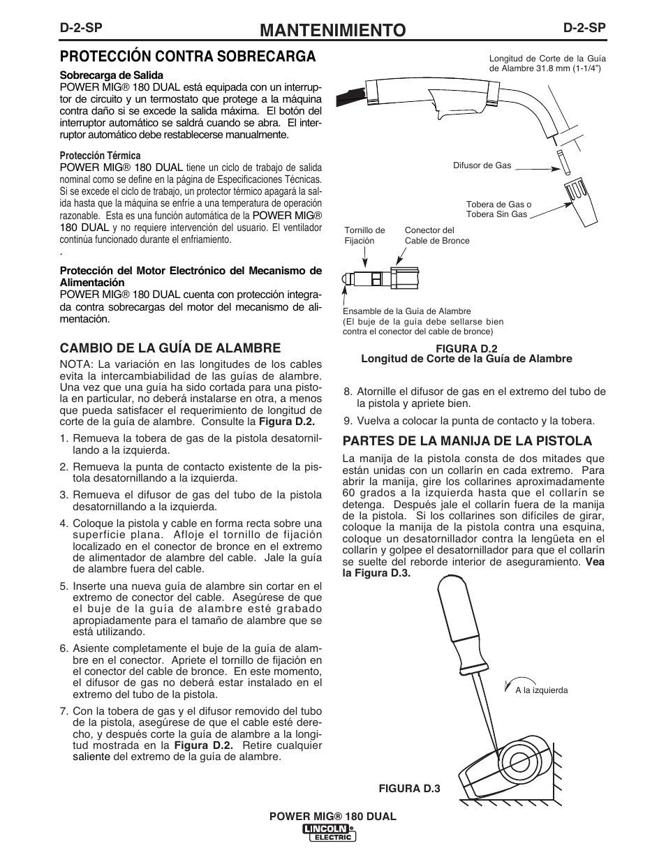 Mantenimiento, Protección contra sobrecarga | Lincoln Electric IMT10106 POWER MIG 180 DUAL User Manual | Page 54 / 92