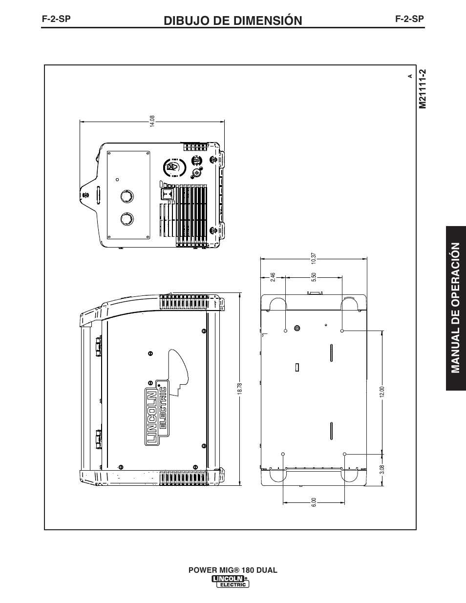 Dibujo de dimensión, Manual de operación, F-2-sp | Lincoln Electric IMT10106 POWER MIG 180 DUAL User Manual | Page 59 / 92