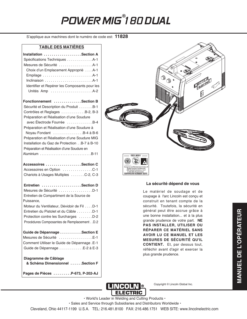 Power mig 180 dual, Manuel de l ʼopéra teur | Lincoln Electric IMT10106 POWER MIG 180 DUAL User Manual | Page 61 / 92
