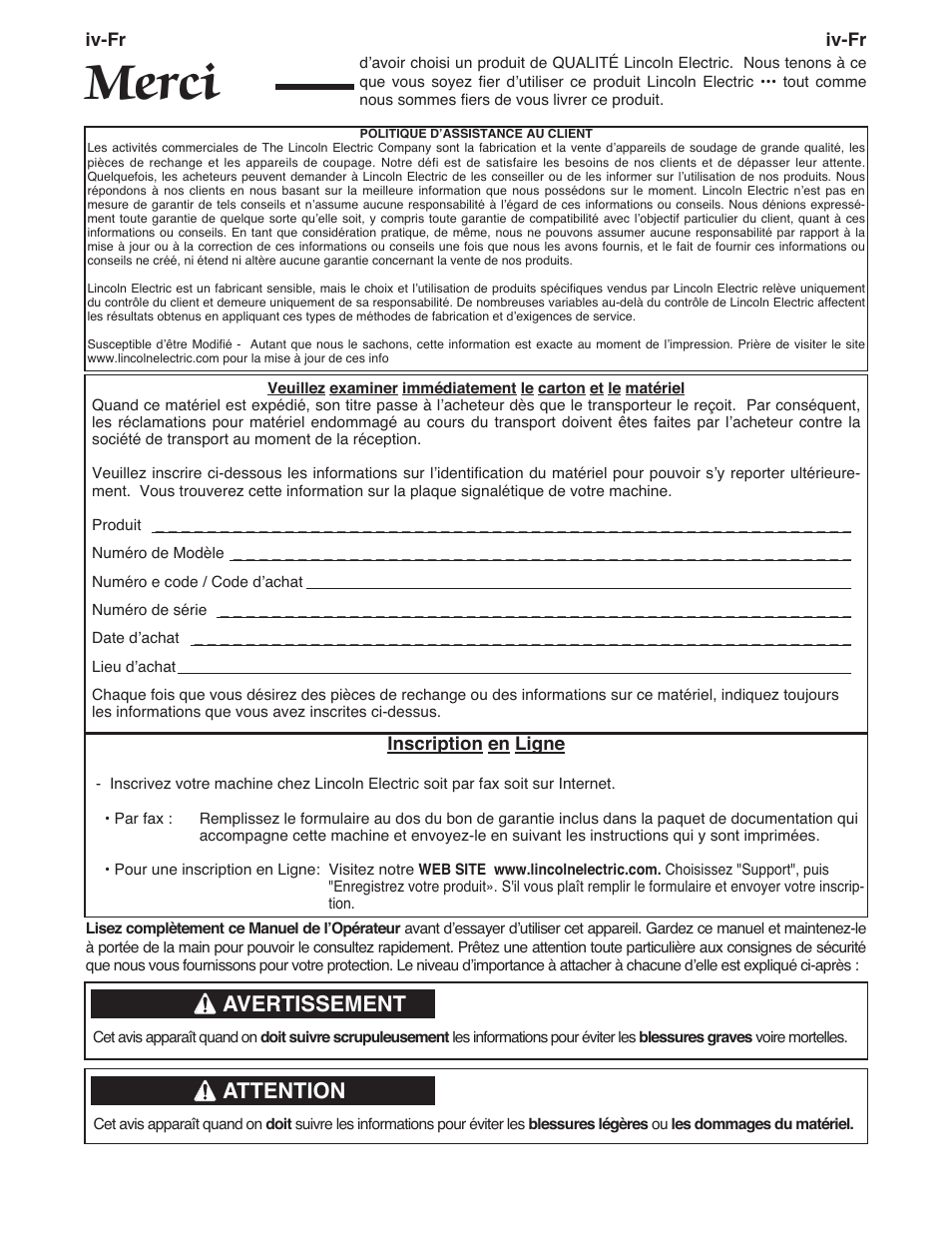Merci, Avertissement, Attention | Lincoln Electric IMT10106 POWER MIG 180 DUAL User Manual | Page 66 / 92