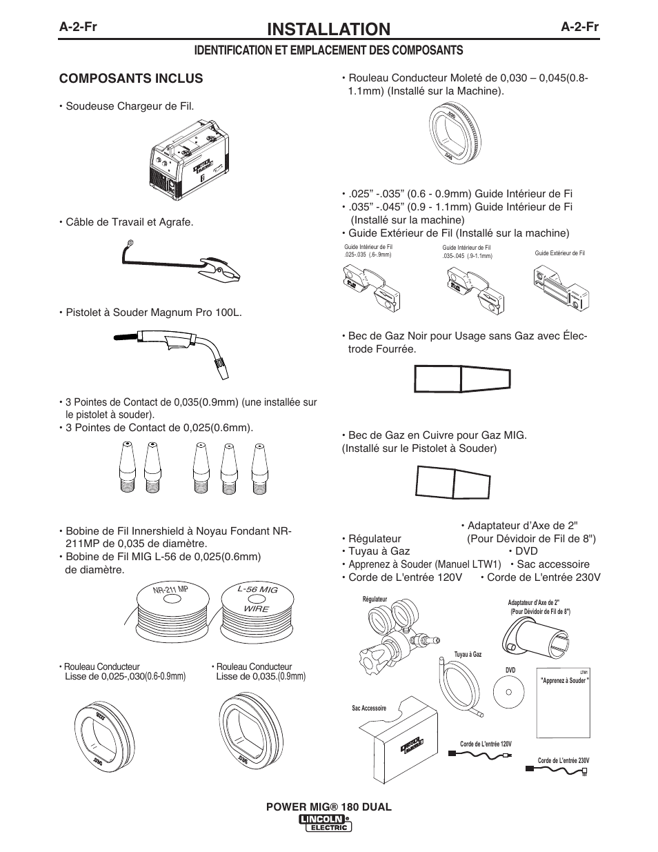 Installation, Composants inclus, A-2-fr | Identification et emplacement des composants | Lincoln Electric IMT10106 POWER MIG 180 DUAL User Manual | Page 68 / 92