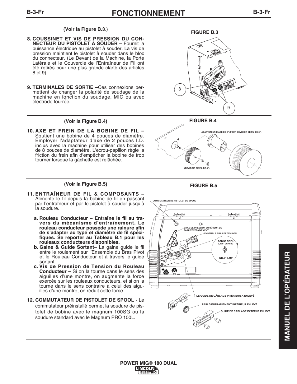 Fonctionnement, Manuel de l ʼopéra teur, B-3-fr | Lincoln Electric IMT10106 POWER MIG 180 DUAL User Manual | Page 71 / 92