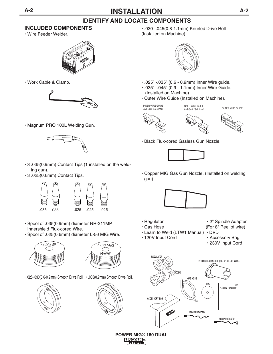 Installation, Identify and locate components, Included components | Lincoln Electric IMT10106 POWER MIG 180 DUAL User Manual | Page 8 / 92