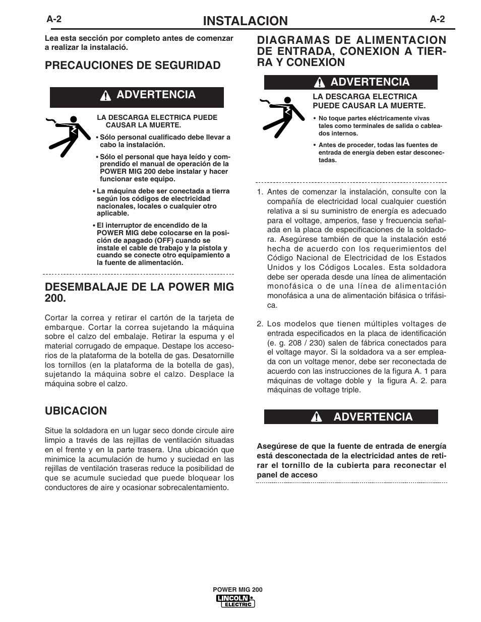 Instalacion, Precauciones de seguridad, Advertencia desembalaje de la power mig 200 | Ubicacion, Advertencia | Lincoln Electric IM693 POWER MIG 200 User Manual | Page 10 / 32