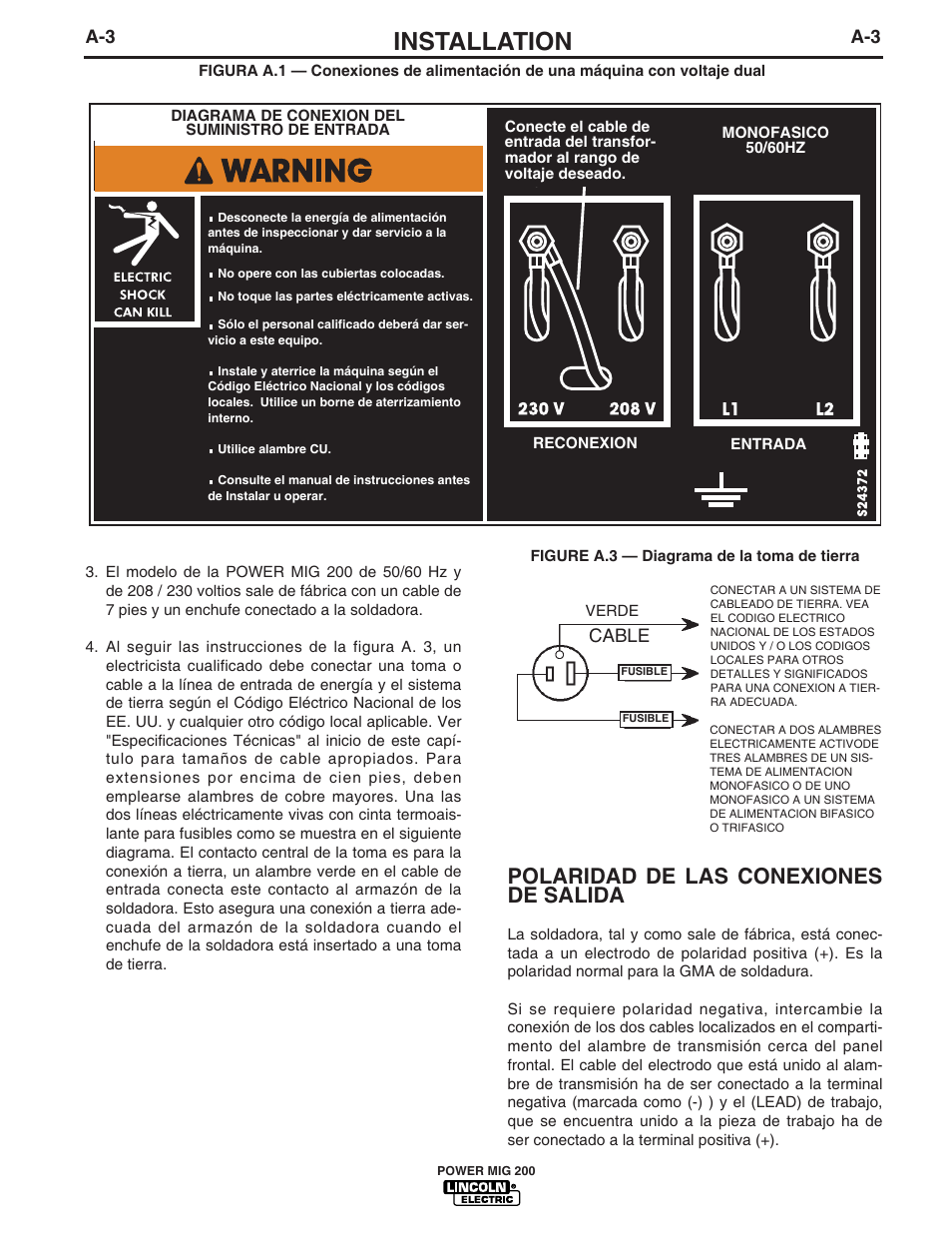 Installation, Polaridad de las conexiones de salida, Cable | Lincoln Electric IM693 POWER MIG 200 User Manual | Page 11 / 32