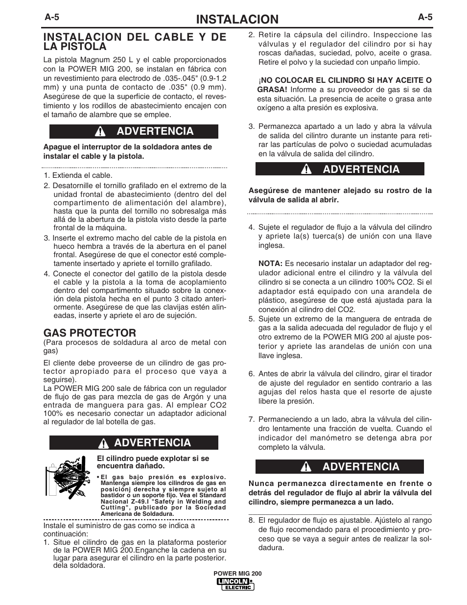 Instalacion, Instalacion del cable y de la pistola, Gas protector | Advertencia | Lincoln Electric IM693 POWER MIG 200 User Manual | Page 12 / 32