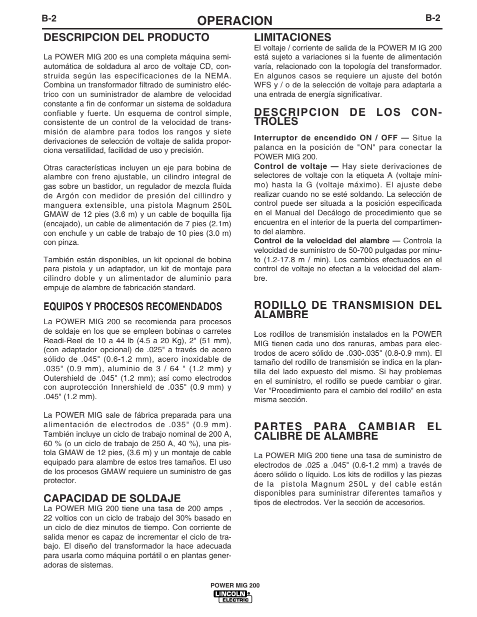 Operacion | Lincoln Electric IM693 POWER MIG 200 User Manual | Page 14 / 32