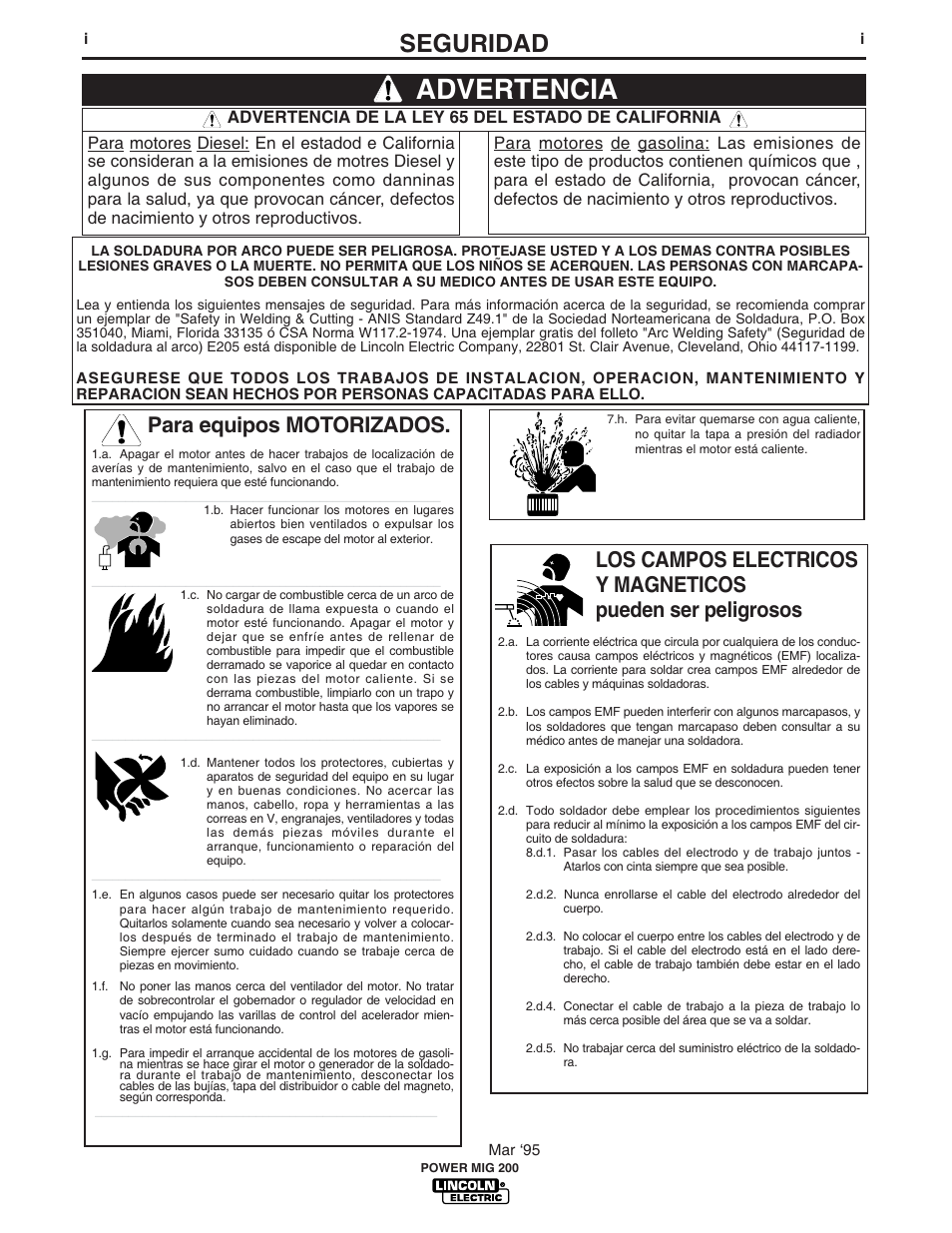 Advertencia, Seguridad, Para equipos motorizados | Lincoln Electric IM693 POWER MIG 200 User Manual | Page 2 / 32