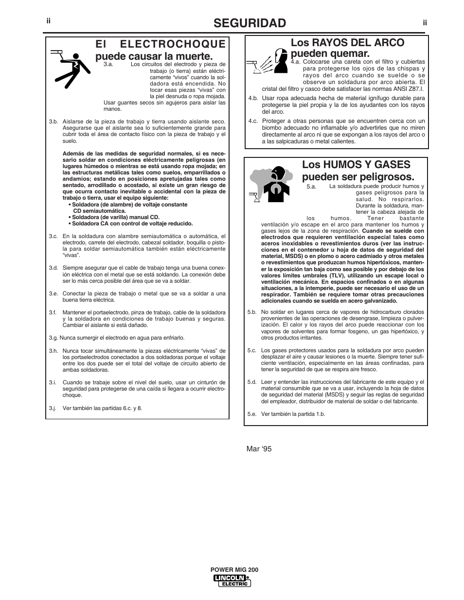 Seguridad, Los humos y gases pueden ser peligrosos, Los rayos del arco pueden quemar | El electrochoque puede causar la muerte | Lincoln Electric IM693 POWER MIG 200 User Manual | Page 3 / 32