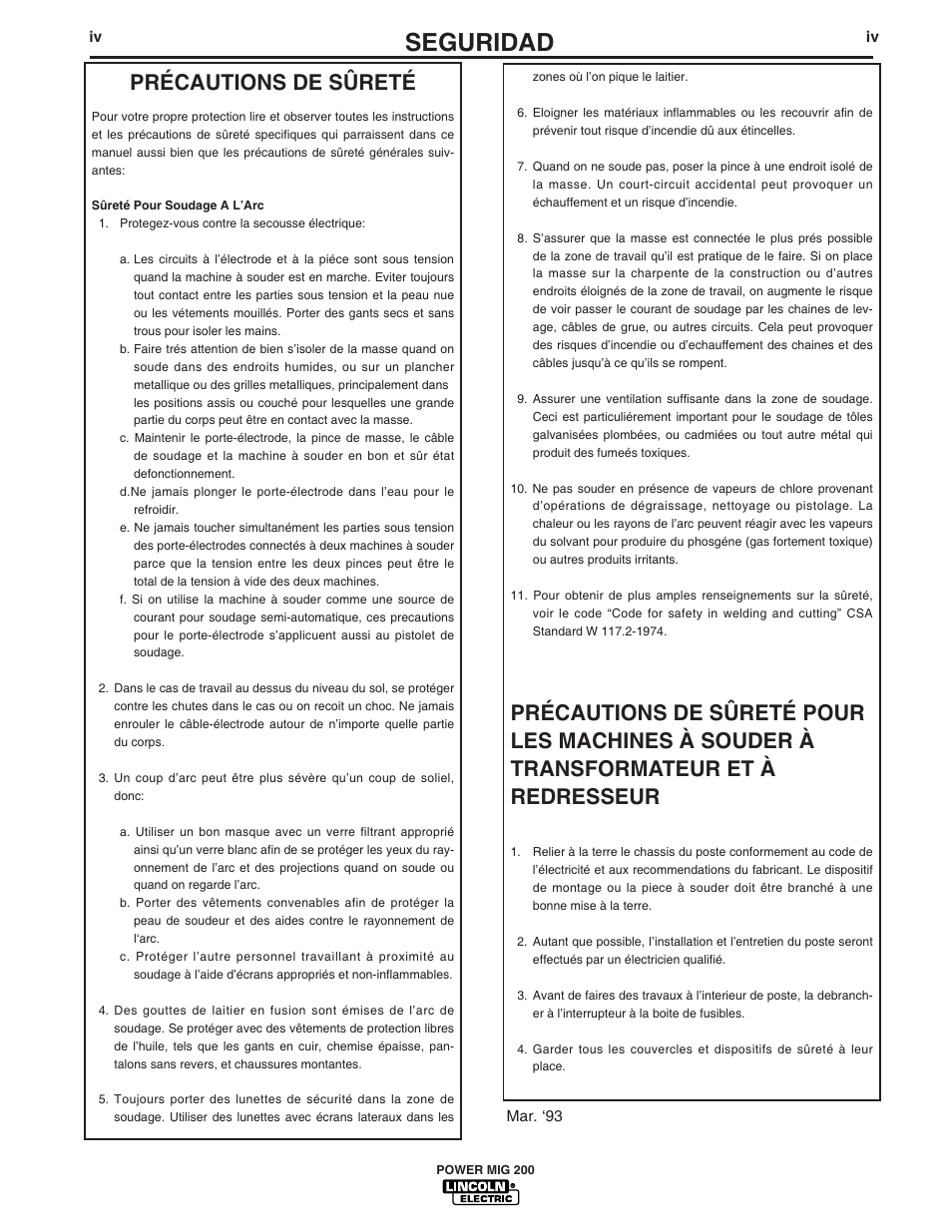 Seguridad, Précautions de sûreté | Lincoln Electric IM693 POWER MIG 200 User Manual | Page 5 / 32