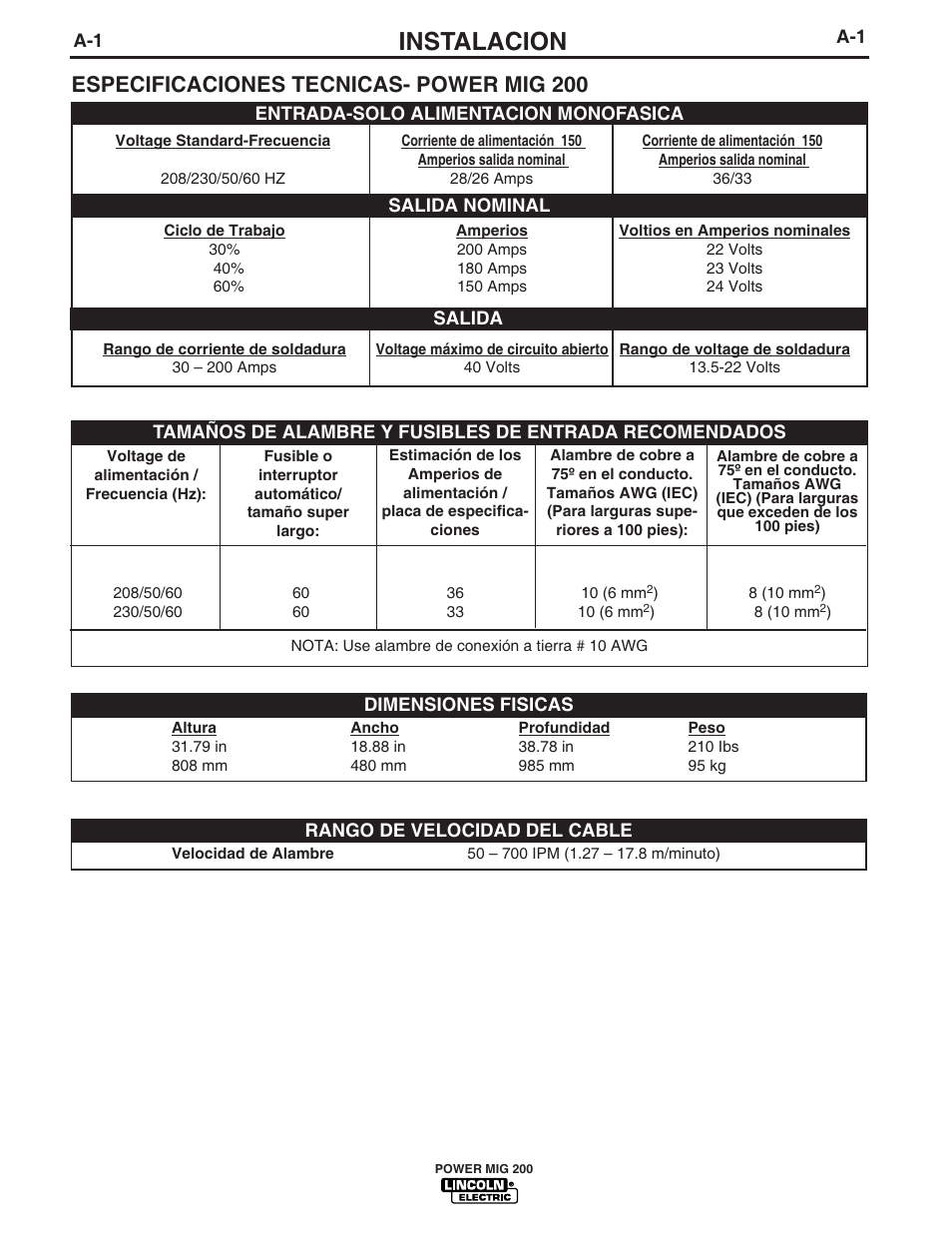 Instalacion, Especificaciones tecnicas- power mig 200 | Lincoln Electric IM693 POWER MIG 200 User Manual | Page 9 / 32