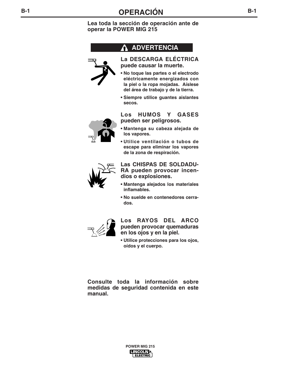 Operación, Advertencia | Lincoln Electric IM828 POWER MIG 215 User Manual | Page 13 / 35