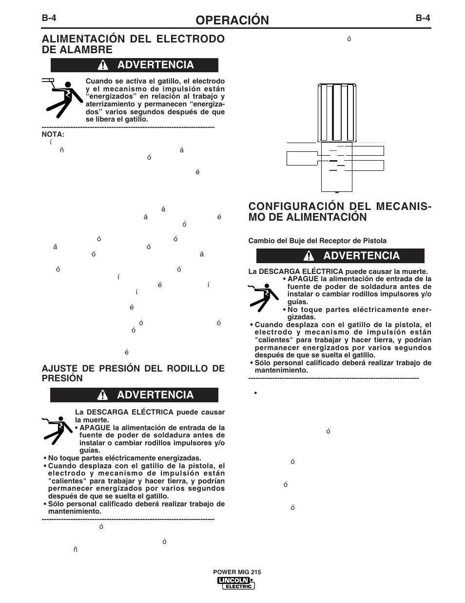 Operación, Alimentación del electrodo de alambre, Configuración del mecanis- mo de alimentación | Advertencia, Ajuste de presión del rodillo de presión | Lincoln Electric IM828 POWER MIG 215 User Manual | Page 16 / 35