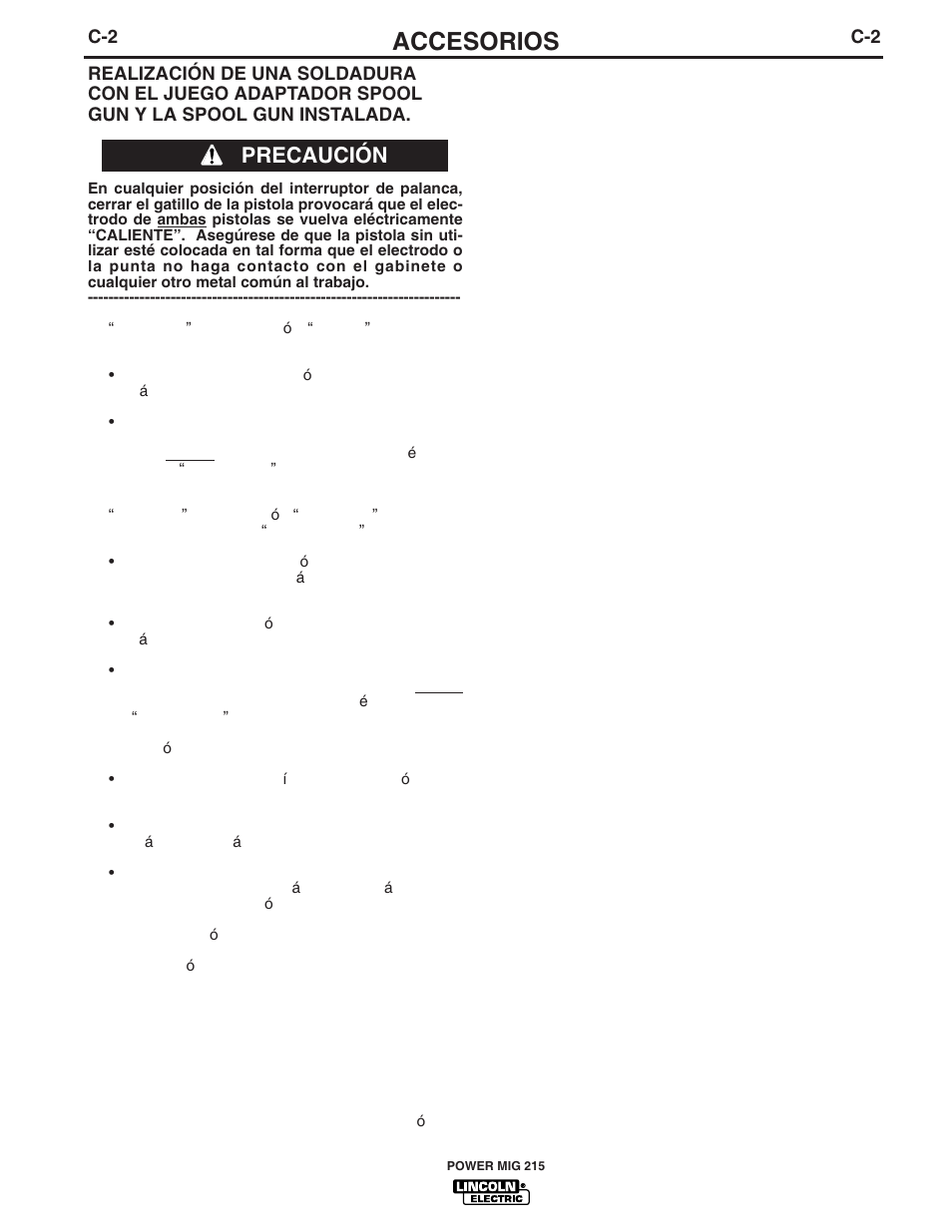 Accesorios, Precaución | Lincoln Electric IM828 POWER MIG 215 User Manual | Page 20 / 35