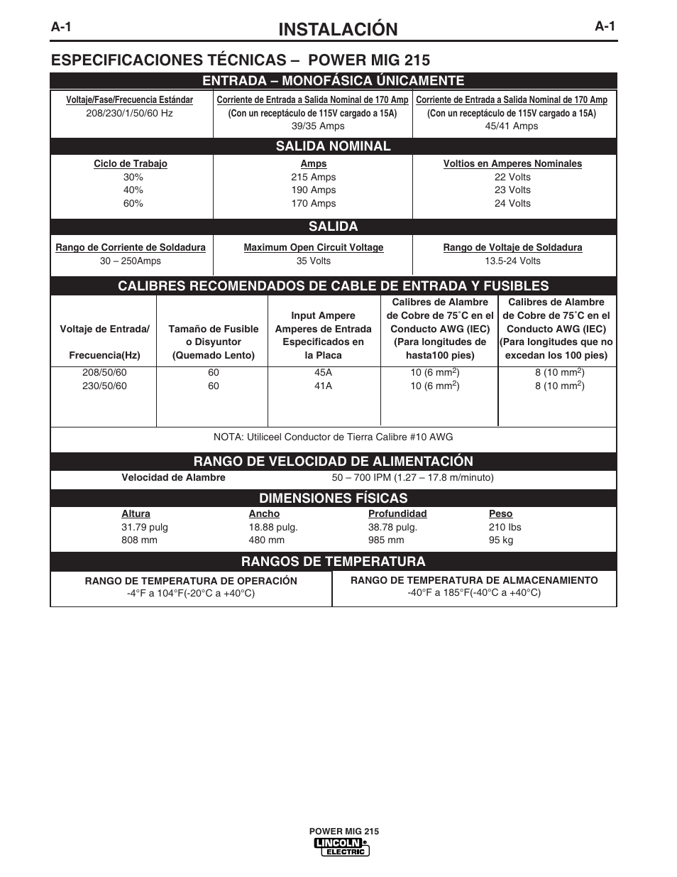 Instalación, Especificaciones técnicas – power mig 215, Dimensiones físicas | Rango de velocidad de alimentación, Rangos de temperatura | Lincoln Electric IM828 POWER MIG 215 User Manual | Page 9 / 35