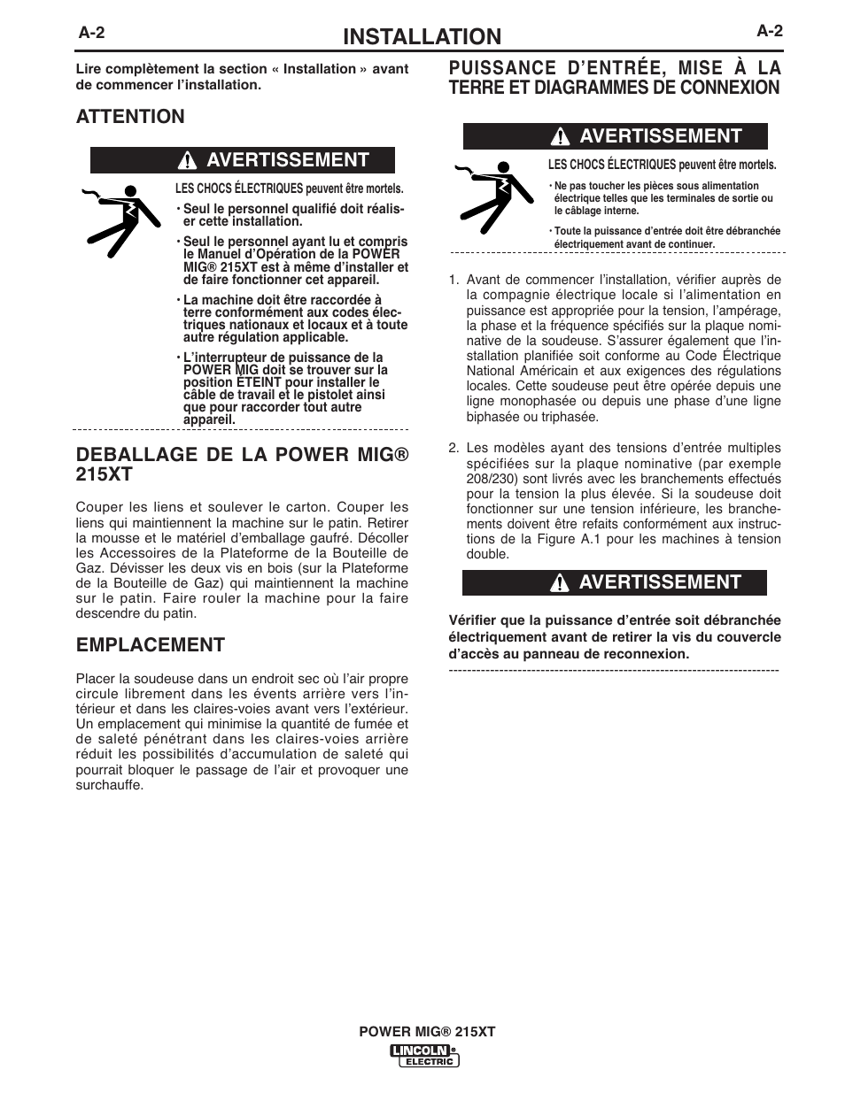 Installation, Deballage de la power mig® 215xt, Emplacement | Avertissement | Lincoln Electric IM978 POWER MIG 215XT User Manual | Page 10 / 33