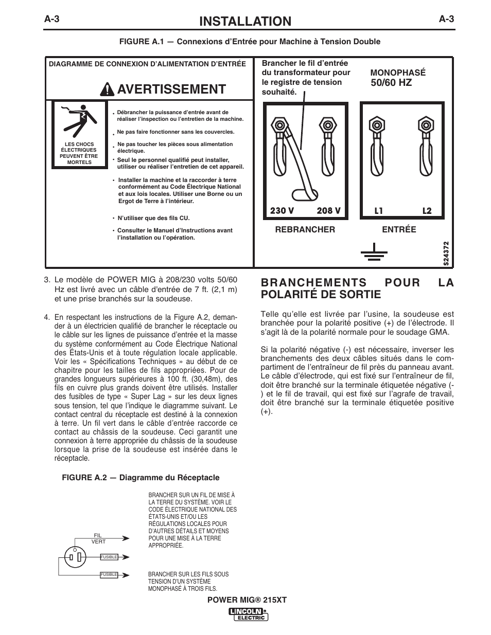 Avertissement, Installation, Branchements pour la polarité de sortie | 50/60 hz | Lincoln Electric IM978 POWER MIG 215XT User Manual | Page 11 / 33