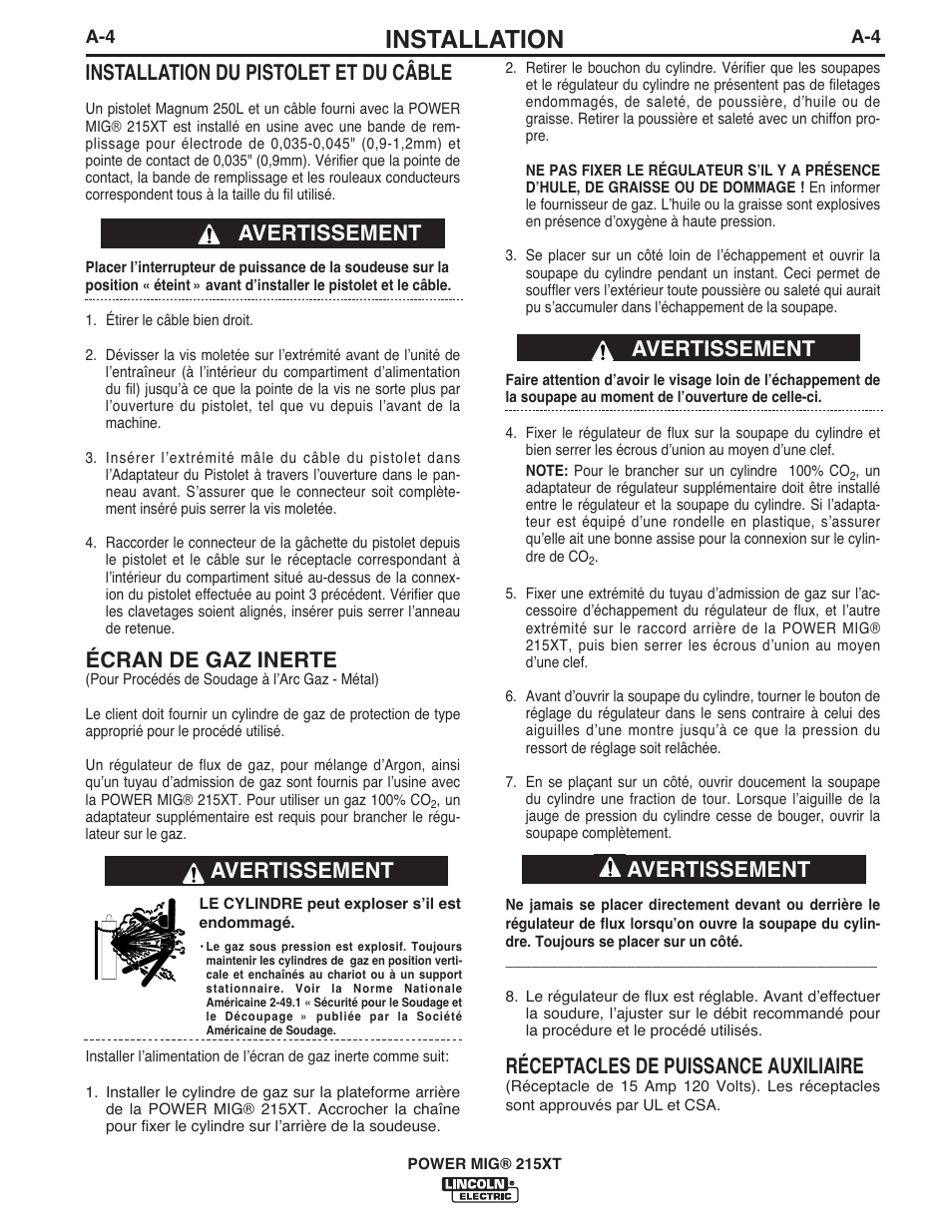 Installation, Installation du pistolet et du câble, Écran de gaz inerte | Avertissement, Réceptacles de puissance auxiliaire | Lincoln Electric IM978 POWER MIG 215XT User Manual | Page 12 / 33